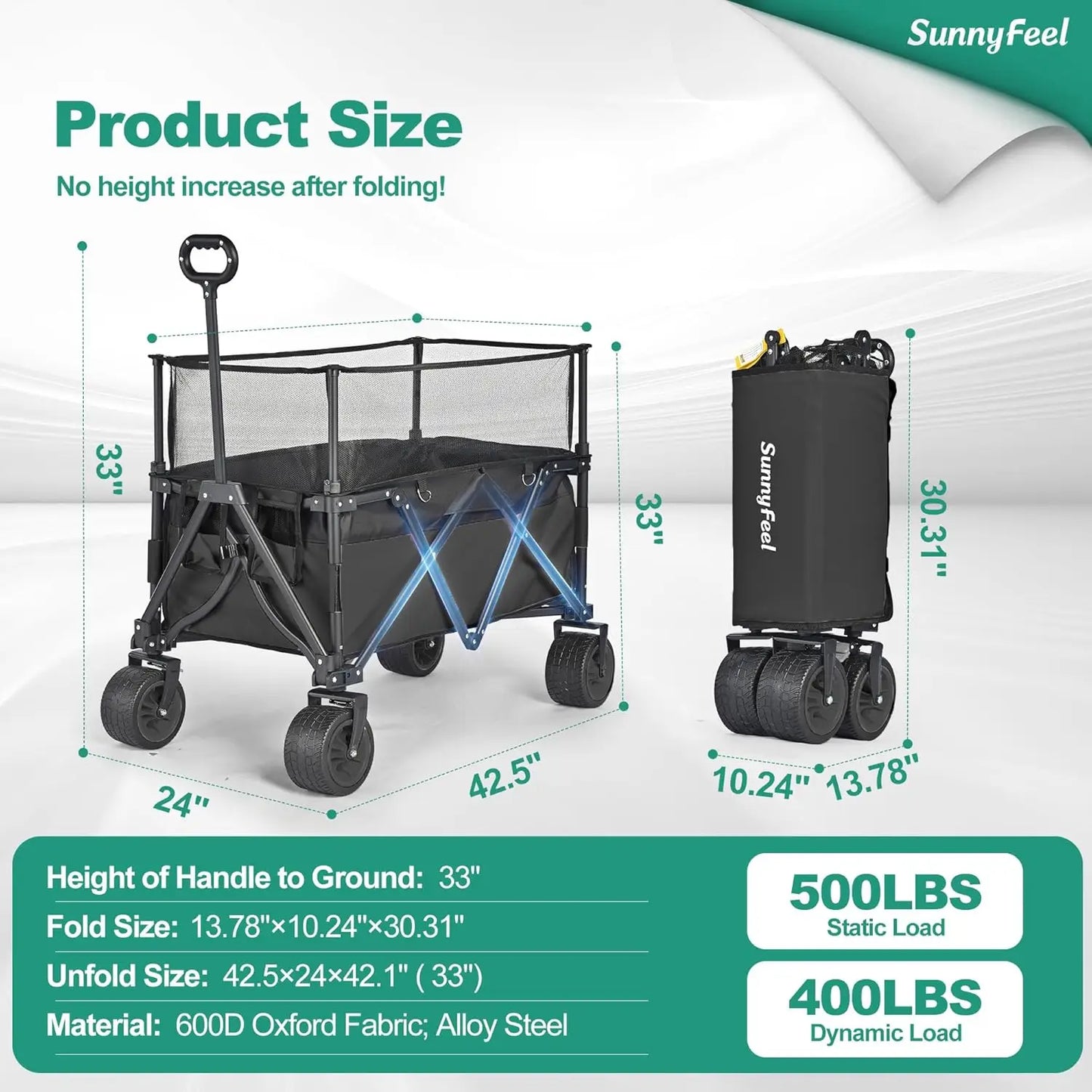 Heavy Duty Collapsible Outdoor Utility Wagon Cart 500LB Capacity Adjustable Handlebar,Foldable Beach Wheels Stable Durable Oxfor
