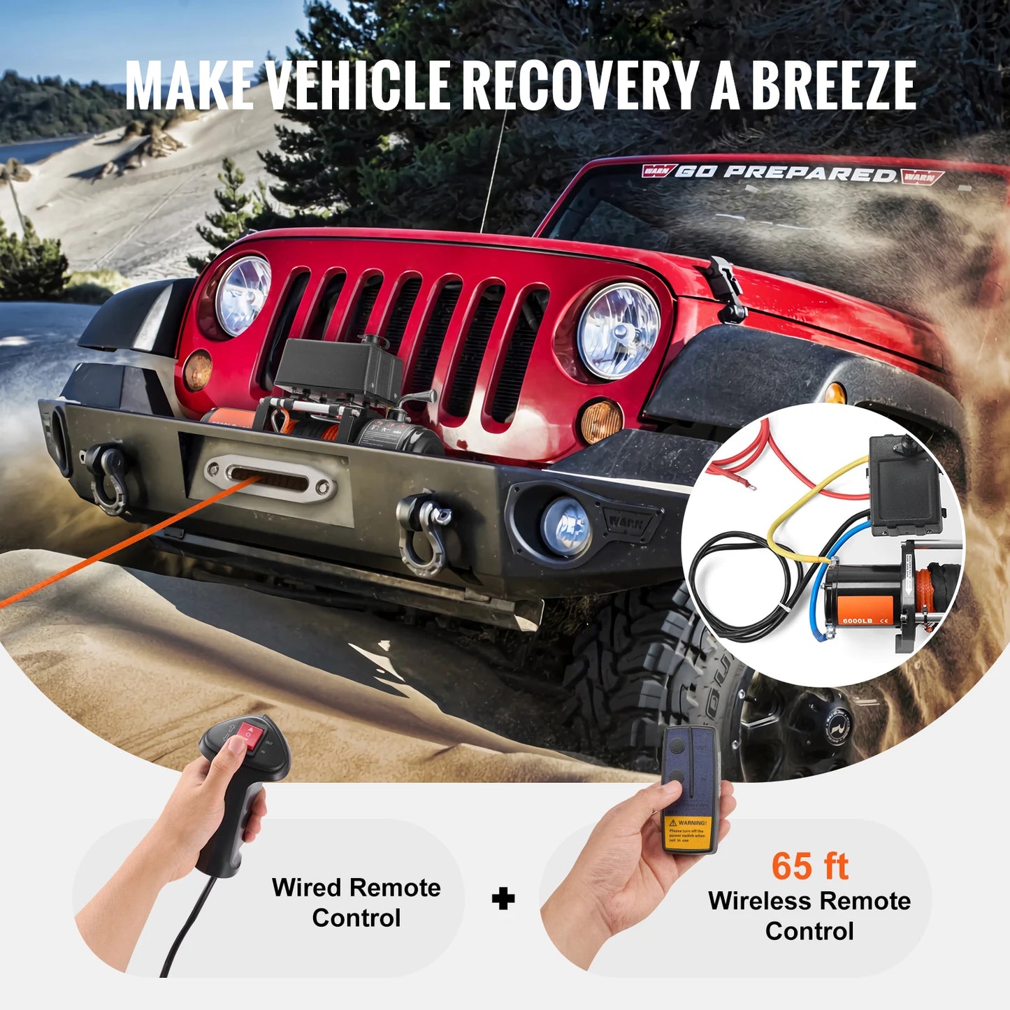 SucceBuy 6000lbs Electric Winch Car Truck Winch with 1/4 in 55 ft Synthetic Rope Wireless/Wired for Towing SUV Jeep Trailer Boat
