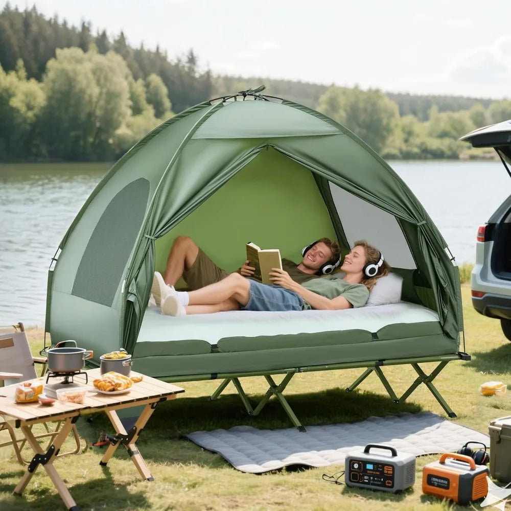 2-Person Tent Cot, 4-in-1 Folding Tent Combo with Air Mattress, Foot Pump, Carry Bag, Off Ground Travel Cot for Camping, Hiking