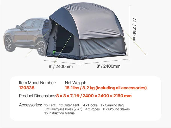 SucceBuy SUV Tent for Camping Waterproof PU2000mm Spacious Double Layer Design SUV Tent with Shade Awning and Mesh Windows