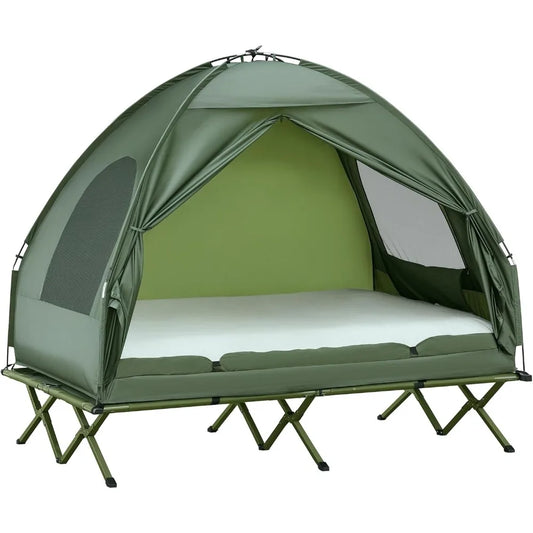 2-Person Tent Cot, 4-in-1 Folding Tent Combo with Air Mattress, Foot Pump, Carry Bag, Off Ground Travel Cot for Camping, Hiking