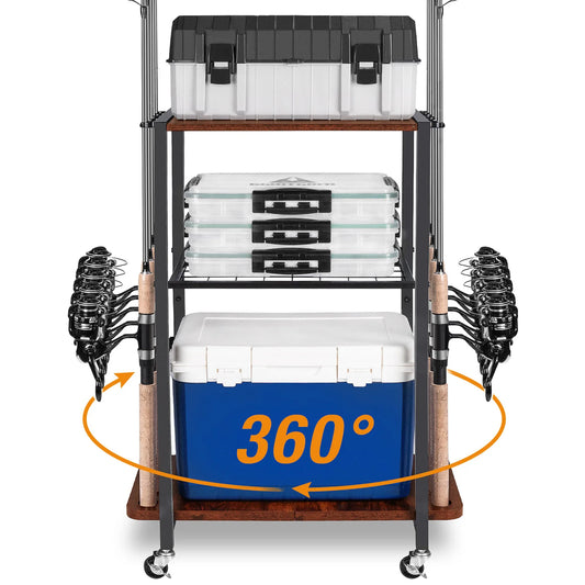 Fishing Rod Holders for Garage, Fishing Gear and equipment Rotating Tackle Storage Cart, Pole Rod Rack Hold up to 10 Rods