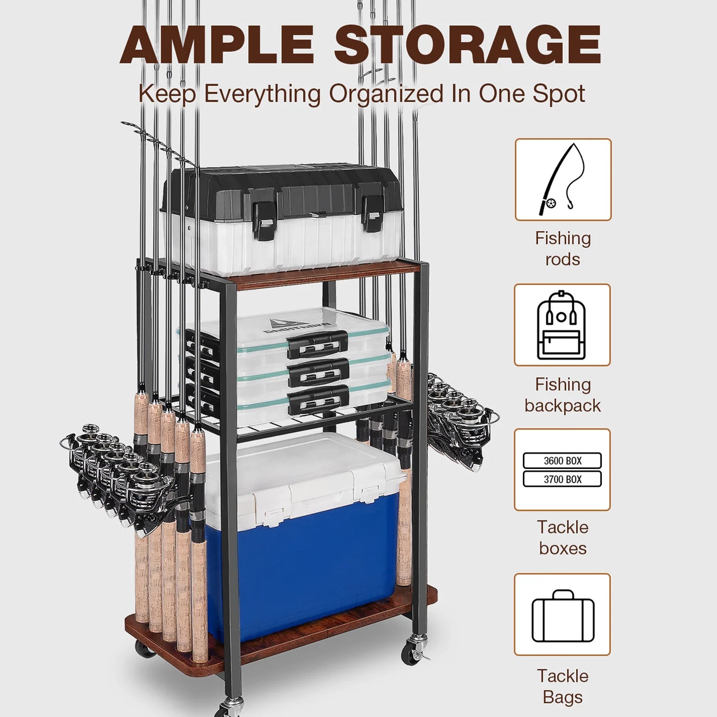 Fishing Rod Holders for Garage, Fishing Gear and equipment Rotating Tackle Storage Cart, Pole Rod Rack Hold up to 10 Rods