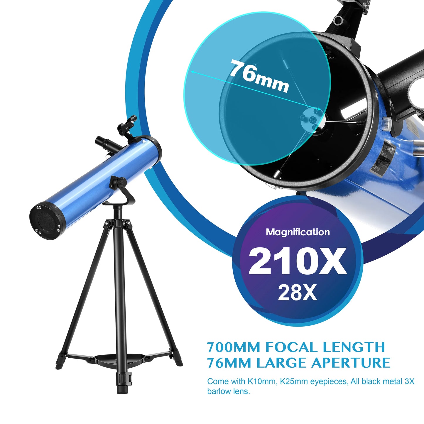 70076 Reflector Telescopes with High Tripod Phone Holder 210X for Moon Watching