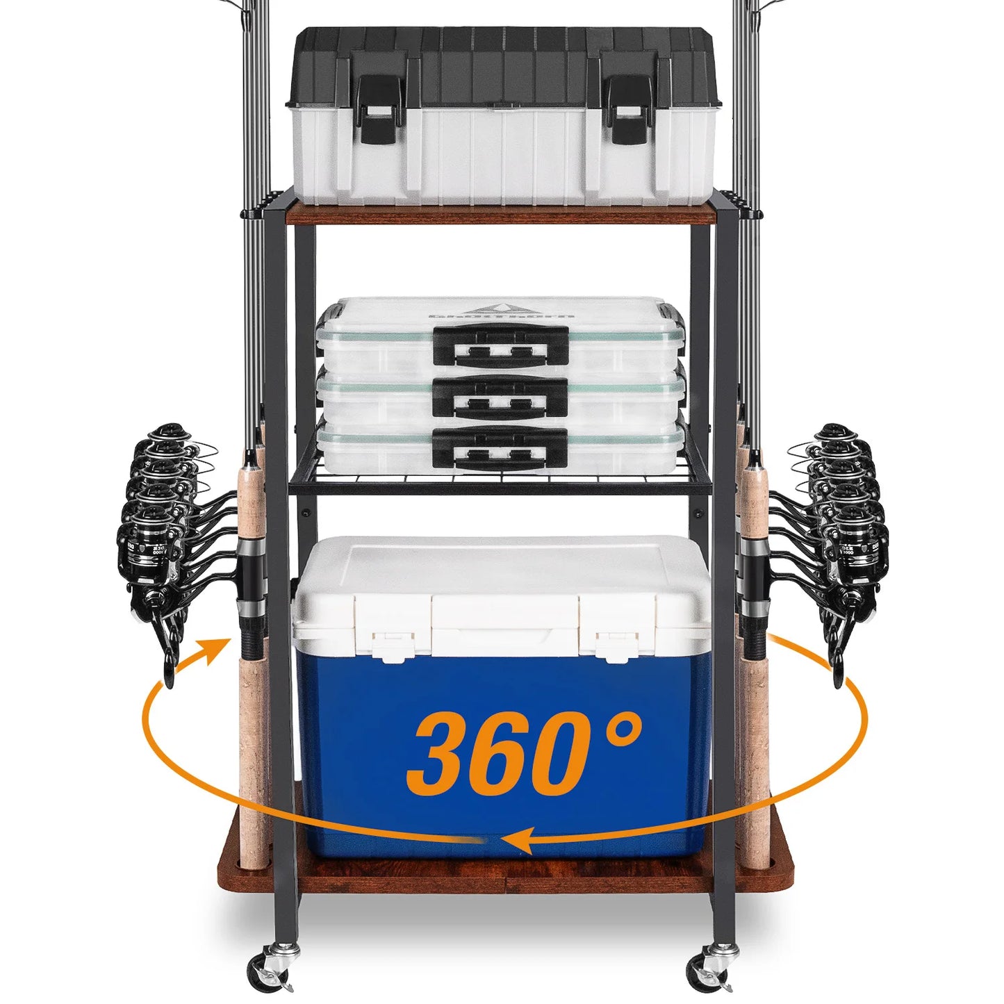 Fishing Rod Holders for Garage, Fishing Gear and equipment Rotating Tackle Storage Cart, Pole Rod Rack Hold up to 10 Rods