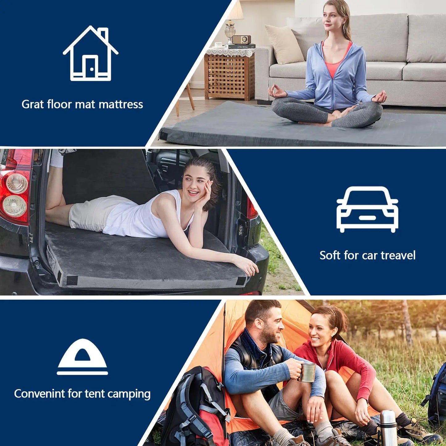 WESTTUNE Memory Foam Camping Sleeping Pad CertiPUR-US Mattress Portable Roll Up Cot Bed for Car Mat with Travel Bag Grey