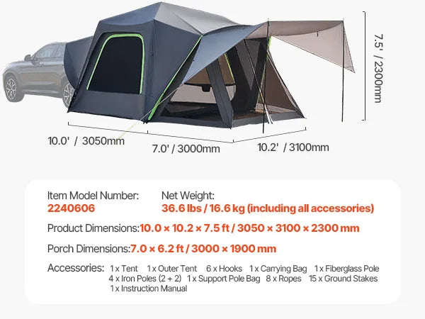 SucceBuy SUV Tent for Camping Waterproof PU2000mm Spacious Double Layer Design SUV Tent with Shade Awning and Mesh Windows